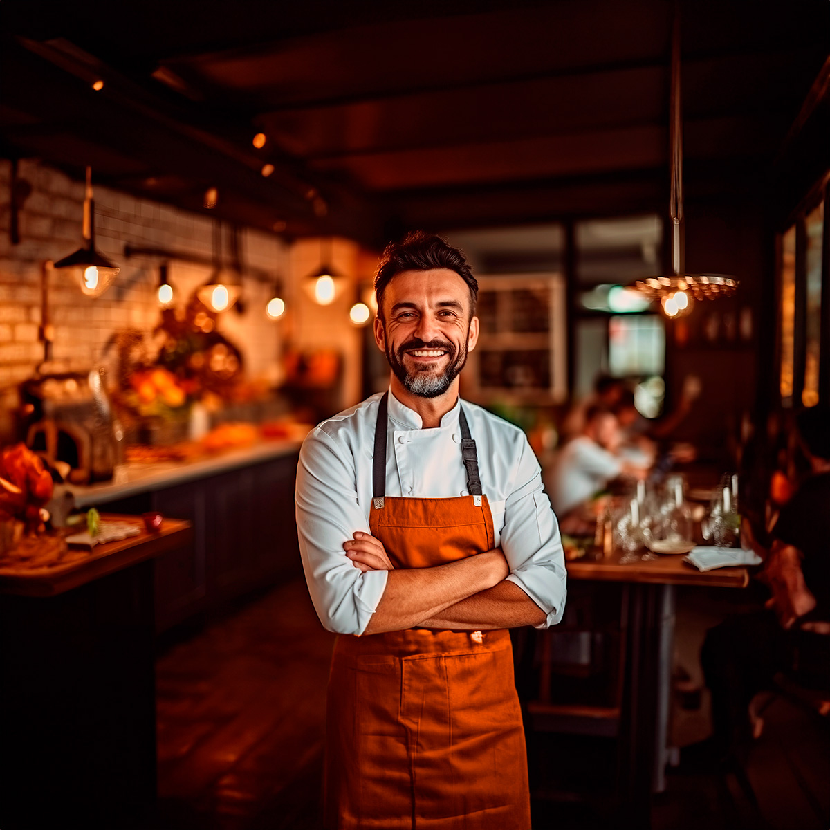 Homem sorrindo, com braços cruzados, ao centro de um comércio alimentício.